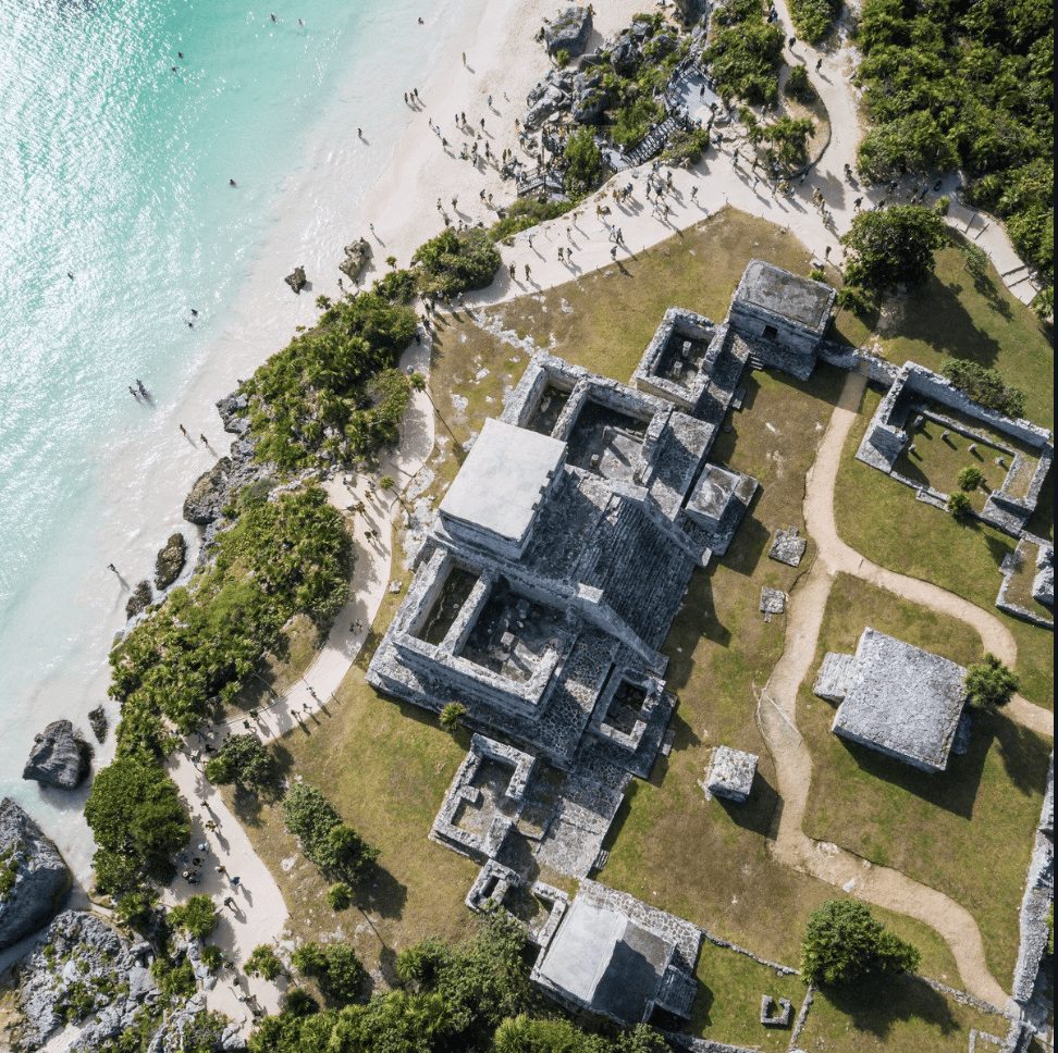 Aerial view of Tulum archaeological ruins by the Caribbean coast