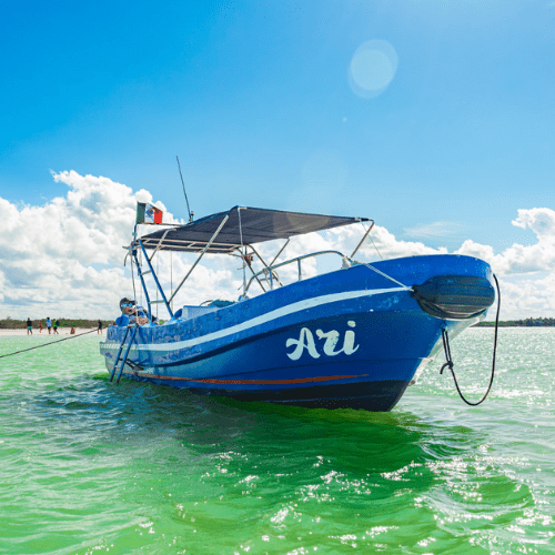 Traditional lancha boat during a Holbox day tour